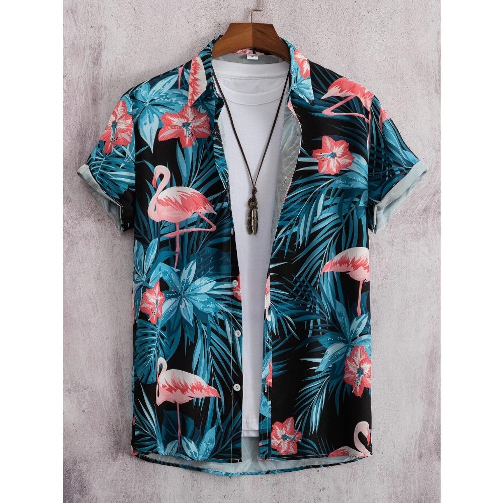 Tropical Coconut Tree Pattern Men's Short Sleeve Button Down Lapel Shirt For Summer Resort Holiday Hawaiian Style Oversized Tops