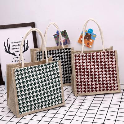 Portable Canvas Women'S Bag Cartoon Printed Bento Handbag Large Capacity Simple Plaid Linen Bag