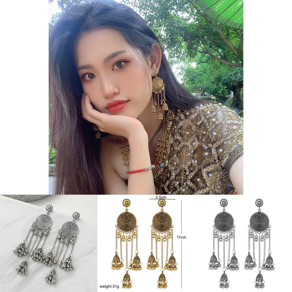 Retro Indian Style Ear Jewelry With Alloy Flower Pattern And Bell Tassels