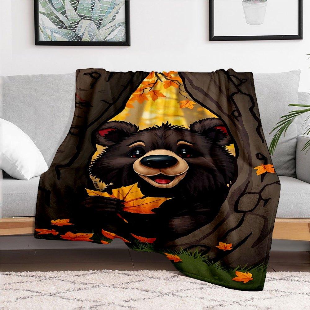 Autumn Bear Wall Art PrintBlanket Flannel Throw Blanket for Sofa, Bed, Travel, Camping, Office