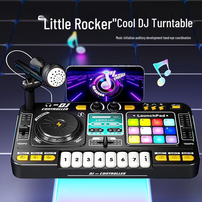 Toca-discos DJ Bluetooth Infantil com Percussão, Luzes e Microfone – Brinquedo Musical Multifuncional