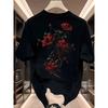 Men's Heavyweight  T-Shirt with Red Rose Floral Print - Breathable Round Neck Short Sleeve Casual for Summer, Outdoor, Sports - Durable Fabric