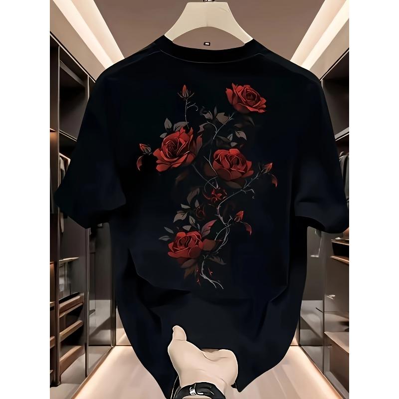Men's Heavyweight T-Shirt with Red Rose Floral Print - Breathable Round Neck Short Sleeve Casual for Summer, Outdoor, Sports - Durable Fabric