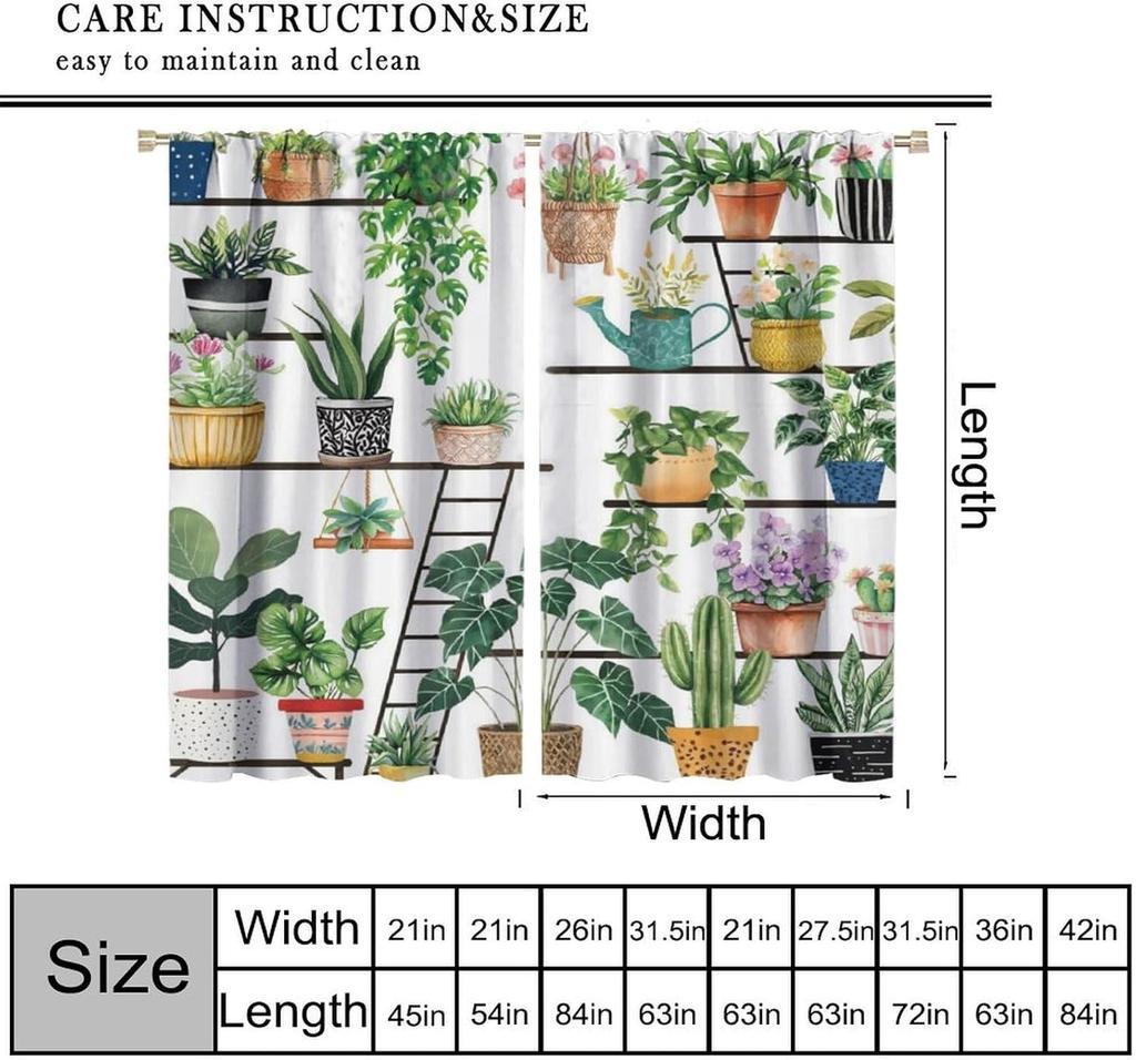 Plants Curtains, Boho Potted Green Leaves Botanical Aesthetic Garden Cartoon Animal Window Drapes for Living Room Kitchen