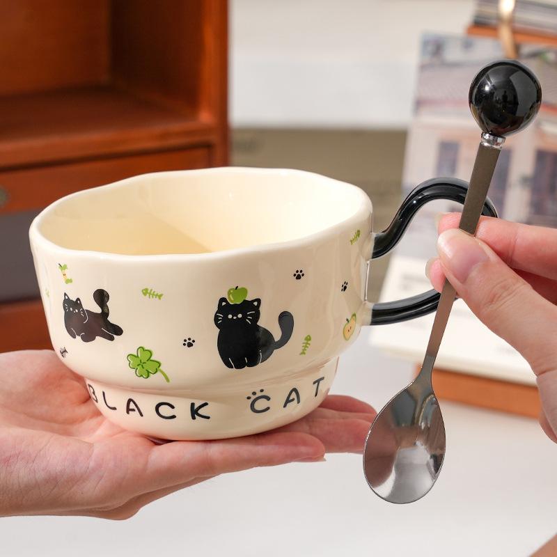 Creative Little Black Cat Ceramic Cup with Spoon for Home Use Large Capacity Office Couple Cup High Value Souvenir Gift Mug