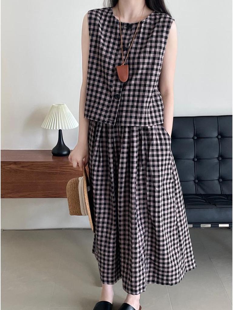 Taochuan Japanisches Retro-Karomuster Ärmellose Weste & High-Waist Elastisches Rock-Set für Damen