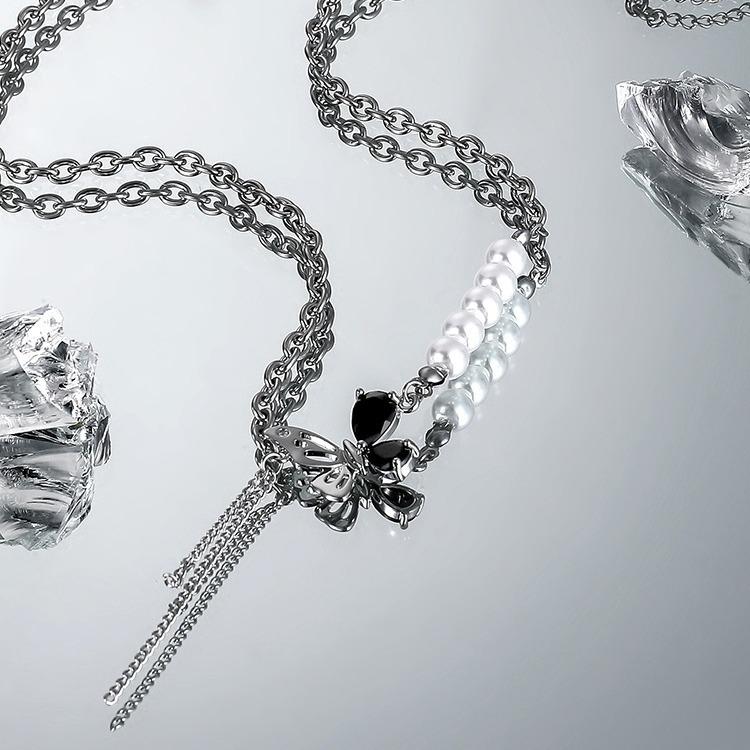 Butterfly Pearl Titanium Steel Necklace Women's Trend Cold Wind Sweater Chain Versatile Hip Hop Sweater Chain