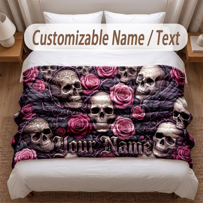Skull Gothic Theme Soft Blanket Personalized Custom Name Text Print Warm Blanket Home Sofa Bedroom Decor
