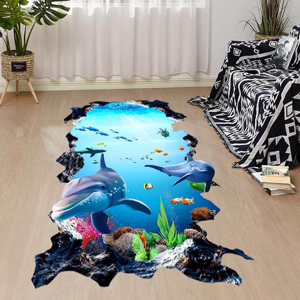 Fake Window Dolphin Wall Sticker Sea Underwater Wall Fake Window Wall Chic Room Stylish - Animals, Fish, Whale, Ground, 3D, World, Wallpaper, Decal,