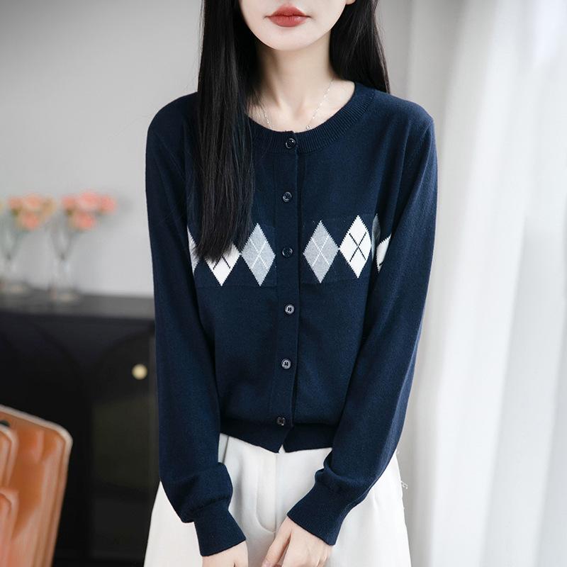 Spring and Autumn New Style Diamond Pattern Color-blocked Women's Knitted Cardigan with Checkered Jacquard Layering Sweater for Women