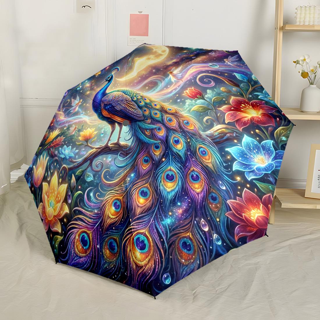 

Vibrant Floral Peacock Night Portable Automatic Umbrella with 8 Rib Lightweight Travel Essential Vibrant Pattern Umbrella Gift for Festivals