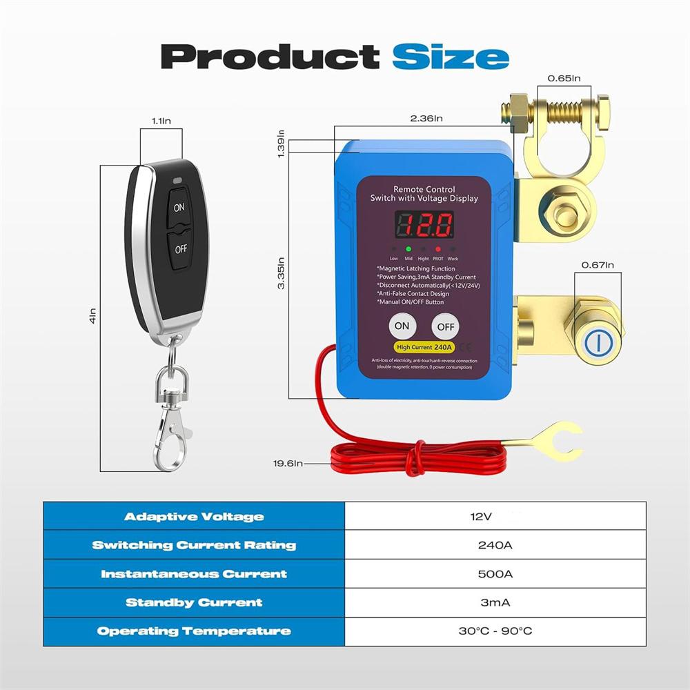 Car Remote Battery Disconnect Switch 12V 240A Kill Switch LED Voltmeter Display