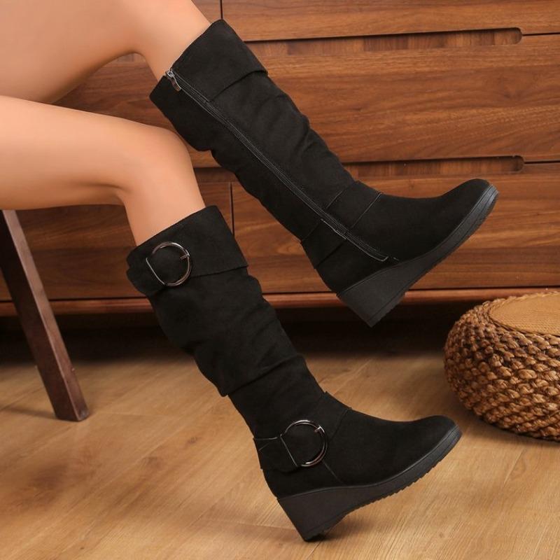 Wedge Single Boots Autumn New Round Toe Metal Belt Buckle Platform Anti-Slip Wear-Resistant Tall Boots