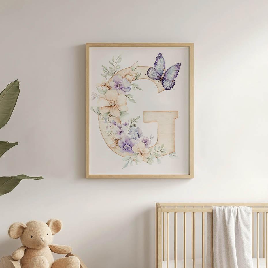 Floral Letter G With Butterfly Poster Floral Letter G With Butterfly Poster, 40X50 Cm, Gold Aluminum Frame, 230 Gsm Matte Paper