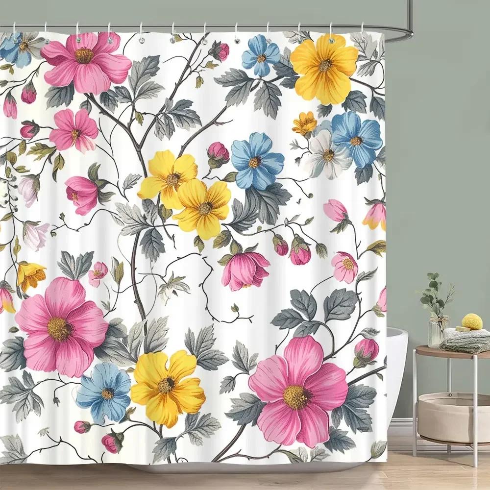 Hummingbird Floral Shower Curtain Birds Watercolour on Flower Branches Printed Polyester Bath Curtains Bathroom Decor with Hooks