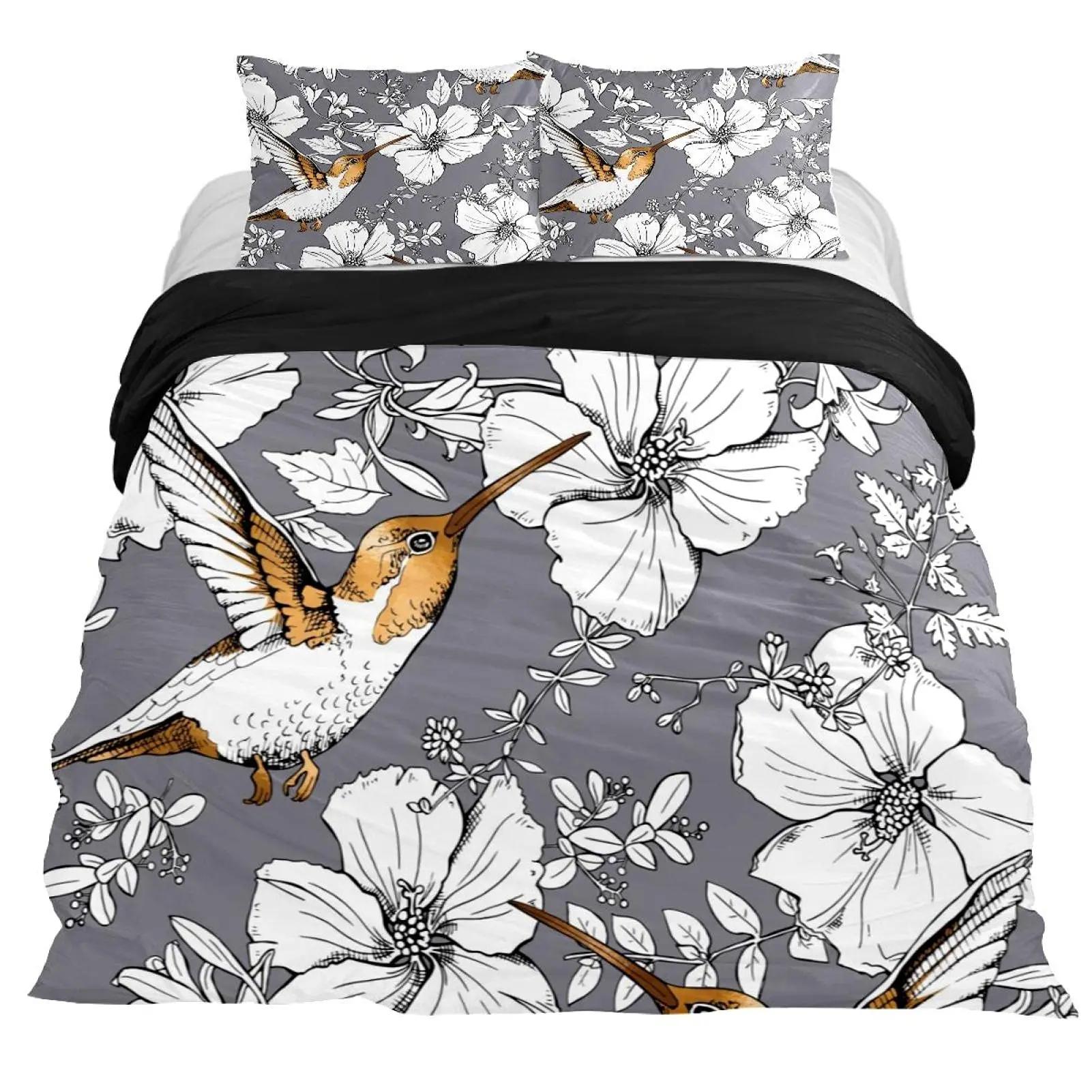 

Hummingbird Duvet Cover Swirled Leaves With Flowers Coming Of The Spring Theme Decorative Bedding Pale Ivory Room Decor Women EU Single(135*200cm)3pcs
