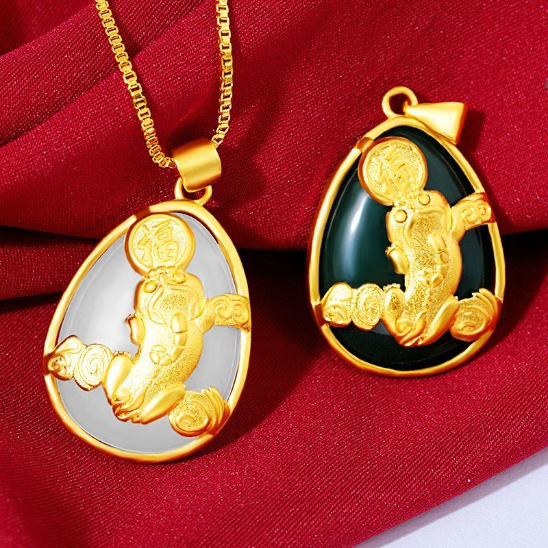 2 Styles Gold Color Classic Jade Pendant Female Retro Gold Pixiu Pendant Gold Inlaid with Jade