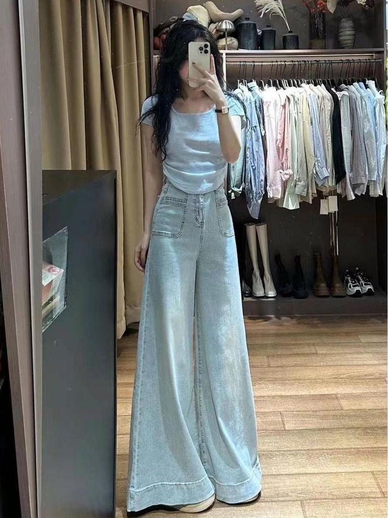 Shisanhang Damen Dunkelblaue High-Waist Wide-Leg Jeans - 2024 Sommer Drapierter Wisch-Look