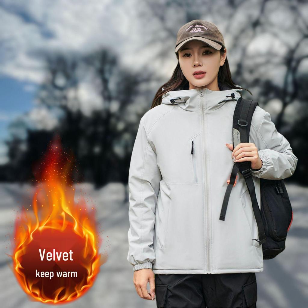 Unisex Fleece-Lined Windbreaker: Thickened, Solid Color Jacket for Couples - Winter Outdoor Warmth