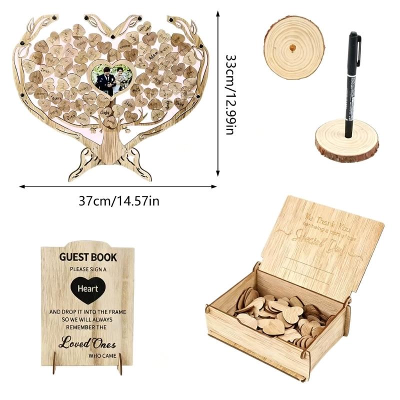 Romantics Wooden Wedding Guest Book With Heart Picture Frame For Bridals Shower And Anniversary Celebration