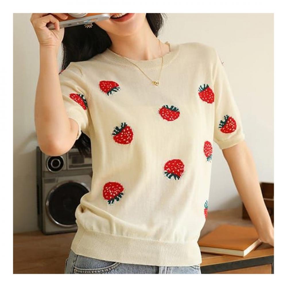 Navava Nk2015 Strawberry Round Neck Short Sleeve Knit Tee