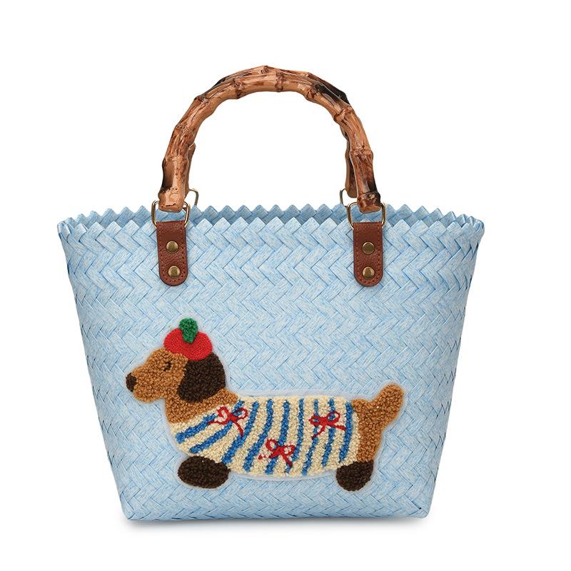 New Woven Niche Design Vegetable Basket Bag Retro Striped Dachshund Multi-color Commuting Large-capacity Handbag Bag