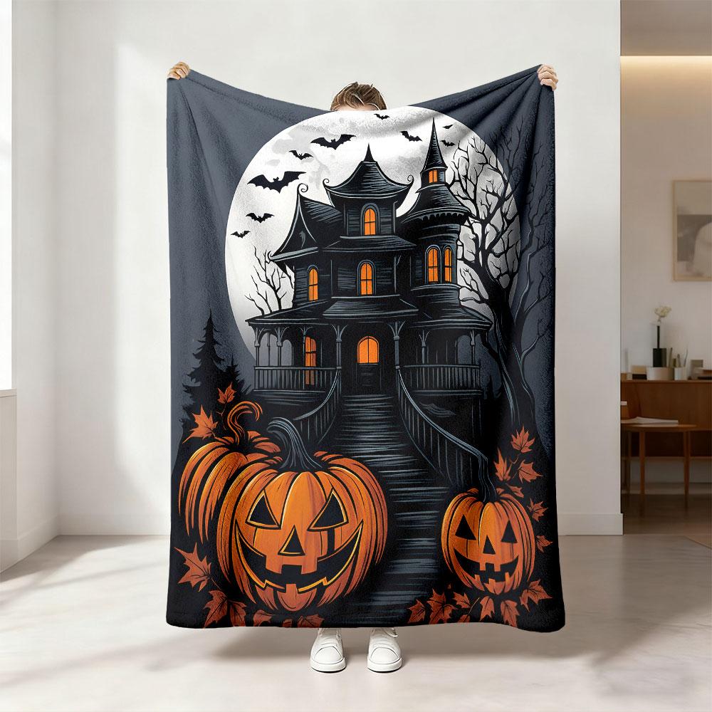 1pcs 230g flannel blanket Halloween pumpkin ghost house and moonlit night illustrations, soft and comfortable to use