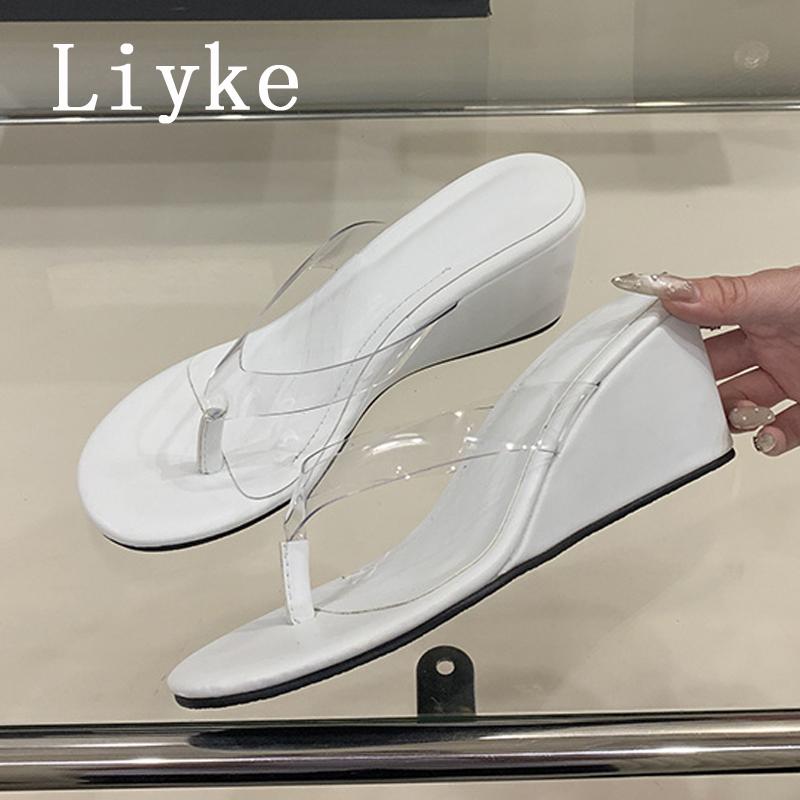 Fashion Liyke PVC Transparent Pinch Narrow Band Women Slippers Wedge Sandals Beach Party Mules Slides Shoes Summer High Heels Flip Flops