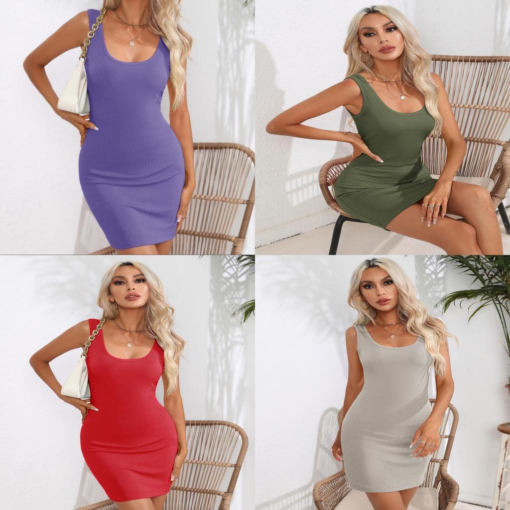 Abito Estivo Casual Senza Maniche con Scollo a U e Vita Alta per Donna