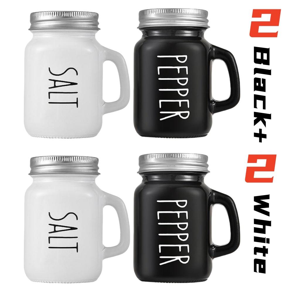 4er-Set Glas-Gewürzstreuer mit Griff Edelstahl-Deckel Schwarz Weiß Vintage-Design Salz Pfeffer Gewürzflaschen Küchenwerkzeug