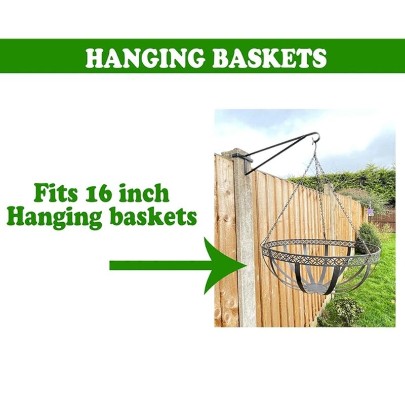 Household Flower Basket Support Arm Set of 4 for Fence Post, Metal Holders for 16 Inch Baskets, Balcony Display with Open Outdoor Spacing