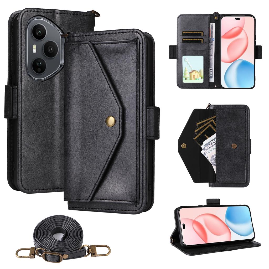 For Honor 400 Pro 5G (Global) Leather Case Magnetic Closure Wallet Stand Phone Cover with Crossbody Strap