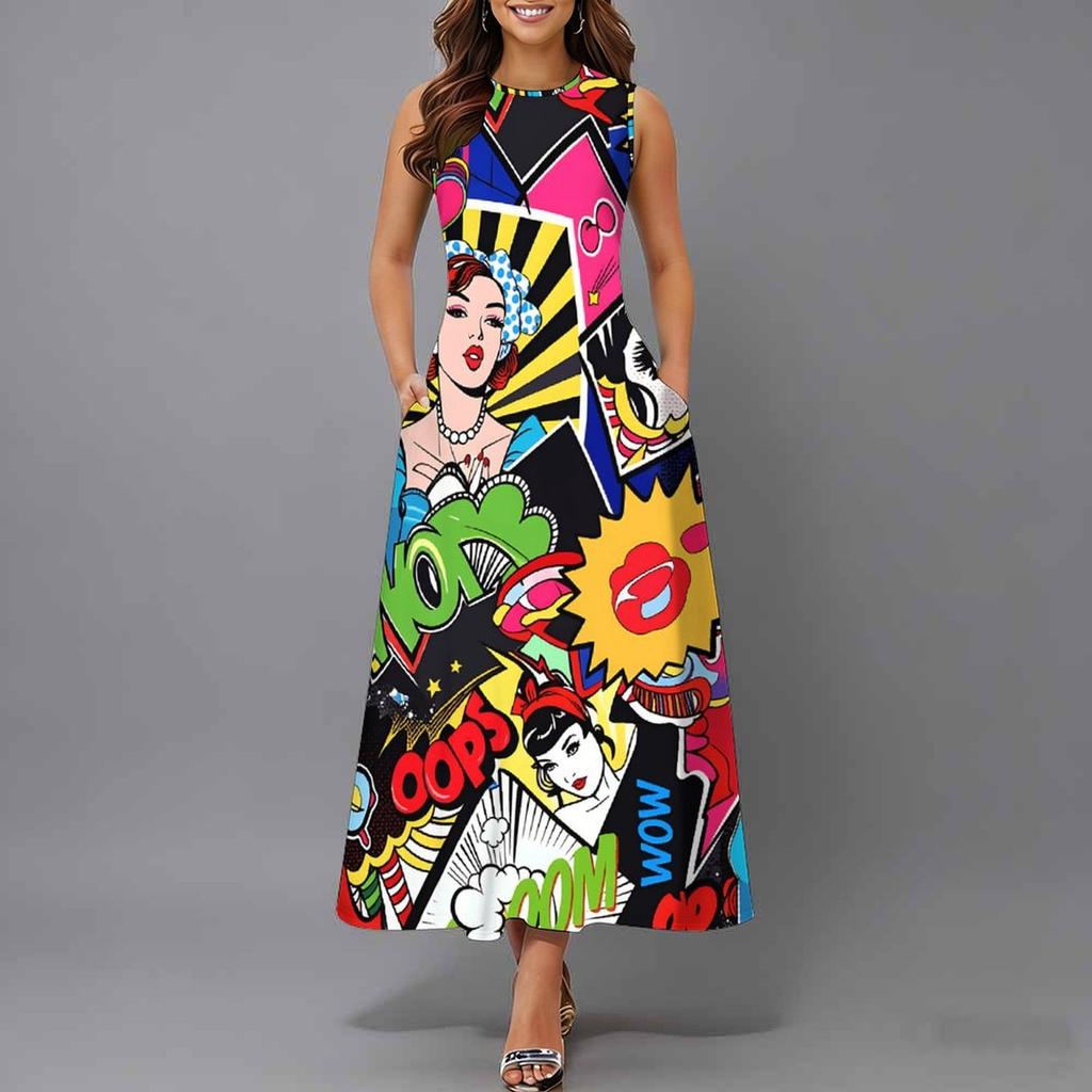 Ladies Oversized Sleeveless Crew Neck Dress Vintage Floral Branch Printed Flowy Calf Length Dress