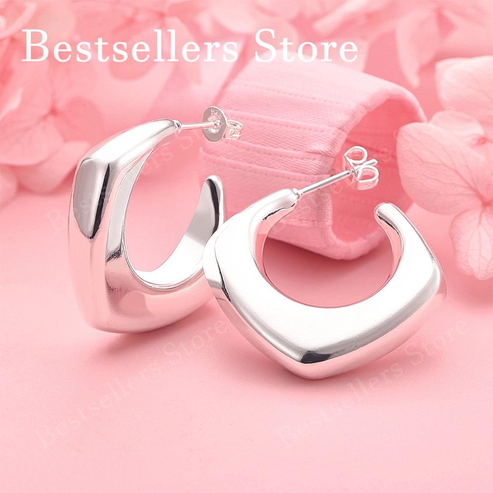 925 Sterling Silver Exquisite Square-Edge C-Shaped Stud Earrings for Women, Fashionable Wedding Party Gift Jewelry