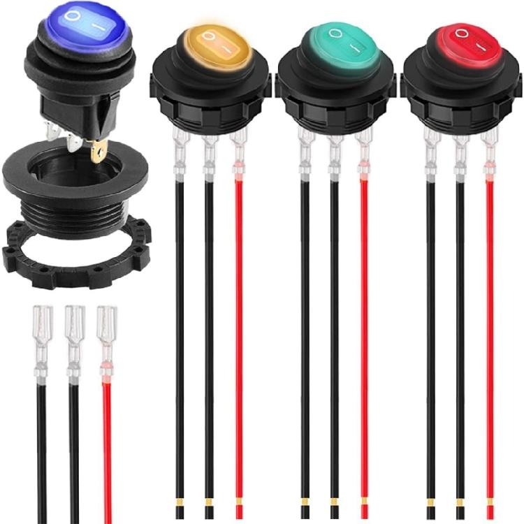 12V 20A Round Switches with LED Display & attaches  Wire  Plastic LED Illuminates Switches for Quick & Simple Installation