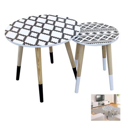 [R2396] - 2 Black and White 'Boho' Wooden Nesting Tables - 48 and 33 Cm