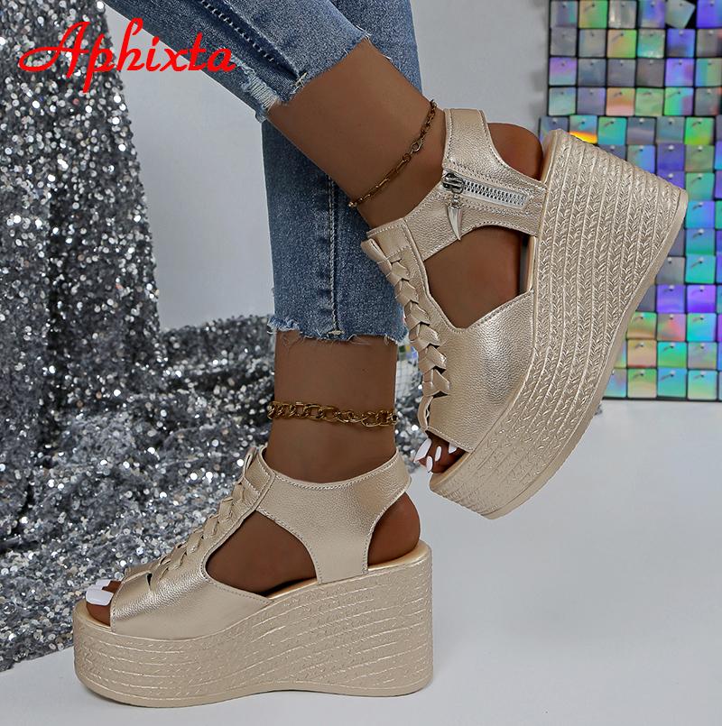Fashion Aphixta Summer 9cm High Wedge Heel Platform Sandals Woman Sandals Gold Upper Women Zip Summer Shoes Peep Toe Sandals Big Size 43