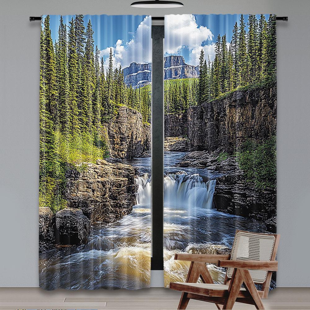 Set Of 2 Landscape Curtain River Float Between Rocks Forest Northern Recreation Camping Rafting Woods Bedroom Living Room Polyester Perfect For