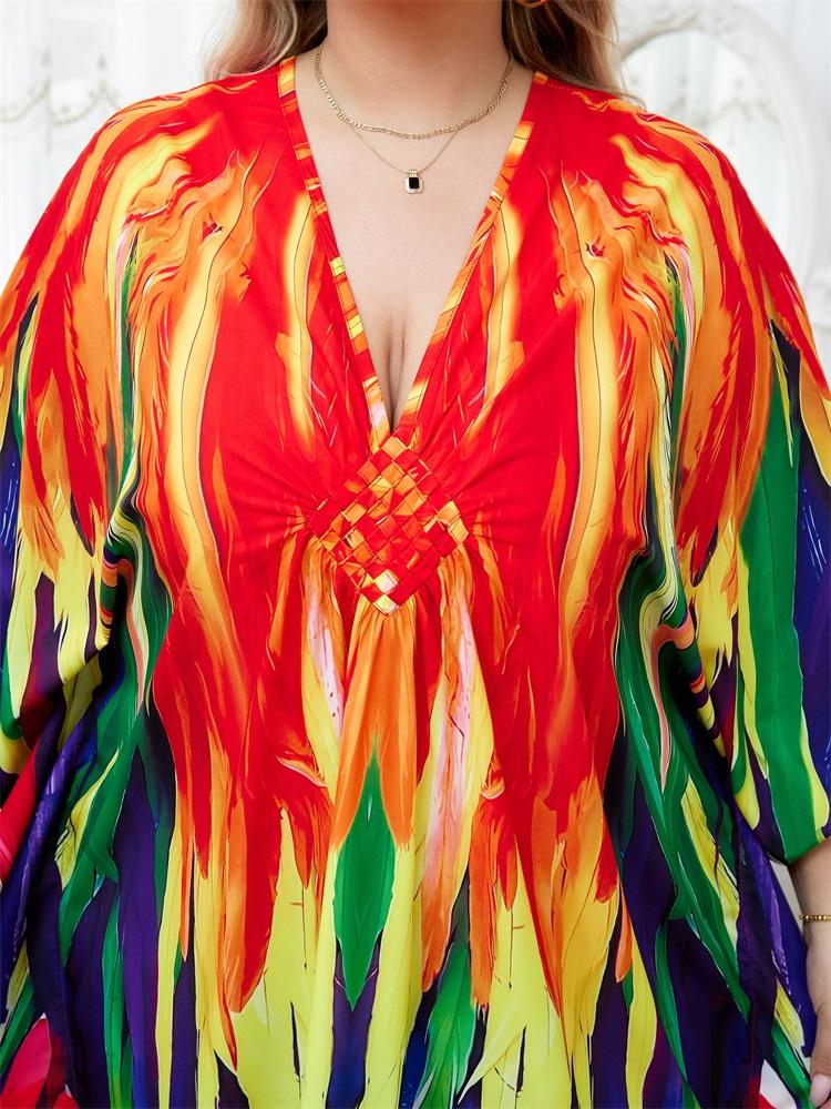 EDOLYNSA Plus Size Women Kaftan Dress Outfits Boho Colorful Printed Vacation V-neck Split House Robe Summer Beachwear Bathing Suit Cover Up Q1588