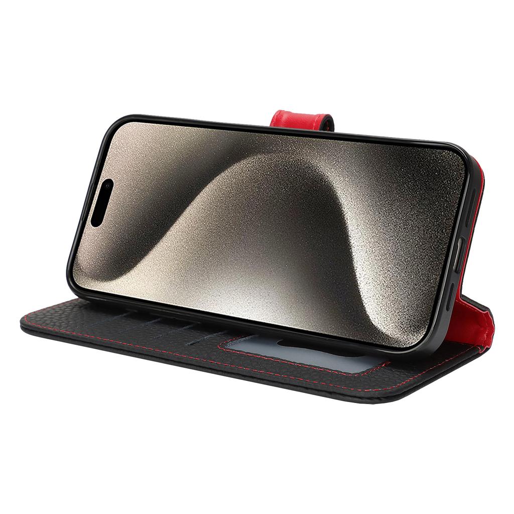 For iPhone 15 Pro Stand Case Litchi Texture Genuine Cow Leather Wallet Phone Cover RFID Blocking