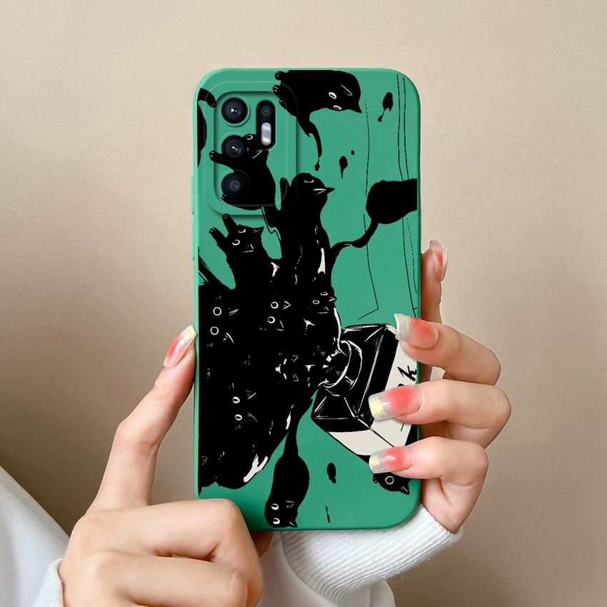 For Oppo Reno6 7 8 10 Pro Lite 6z 7z 8z Phone Cover Fashion Oil Painting Black Cat Patterns Soft Casing Screen Protector Anti Slip Shell For Oppo Case