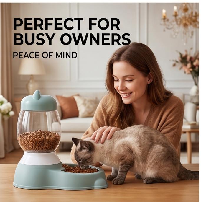 Non-Electric 2.2L Cat Waterer & Feeder, Mess-Free Bowl for Cats & Small Dogs, No-Plug Indoor Home Pet Feeding Station