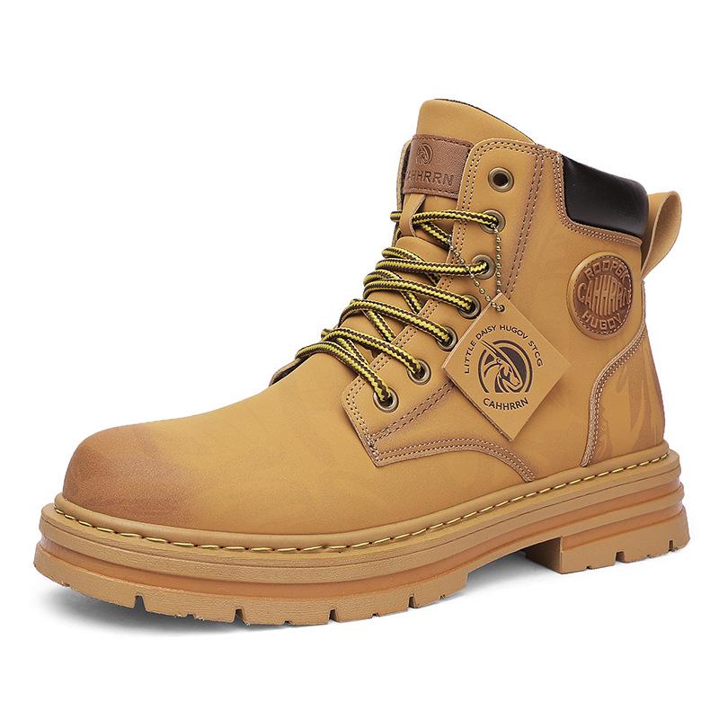 

Мужские большие желтые ботинки мартин с высоким берцем - Весенне-осенние повседневные кожаные рабочие мотоботы на шнуровке, в британском стиле. 43 жёлтый