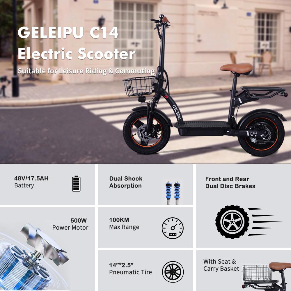 GELEIPU C14 Foldable Electric Scooter 500W Motor  48V17.5Ah Battery 14 * 2.5"  Inflatable Tires 32km/h Max Speed 100km Max Range