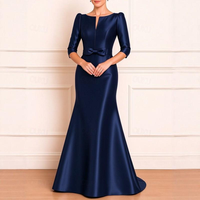 Womens Satin Evening Dress Long Sleeve Bow A-line Elegant Gown Party