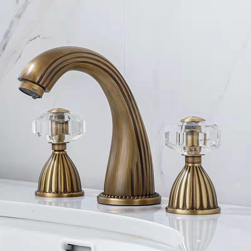 Gold Brass Bathroom Basin Faucet Deck Mounted Crystal Double Handle Three Hole Cold And Hot Mixed Water Sink Tap Bathtub Faucet