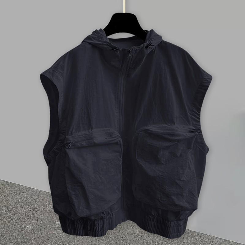 

Свободный винтажный жилет с капюшоном для мужчин, безрукавка, на молнии, толстовка с капюшоном, весна-лето, силуэтный дизайн, джинсовые подплечники, майка L чёрный