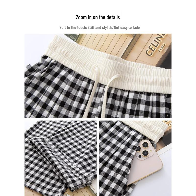 Women's 2025 Spring/Autumn Plaid Wide-Leg Drape Pants - Color Block, Elastic Waist, Versatile Straight-Leg Style.
