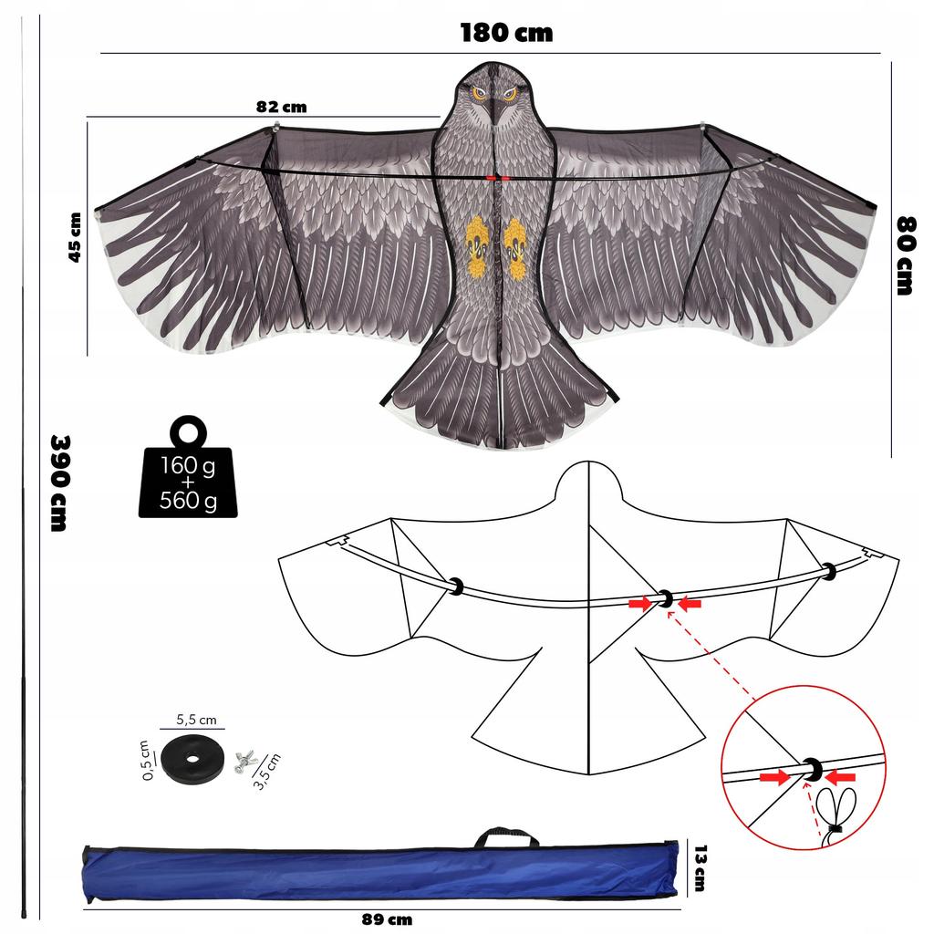 KADAX Drachen für Kinder Groß 180x80cm Adler Vogel Leine