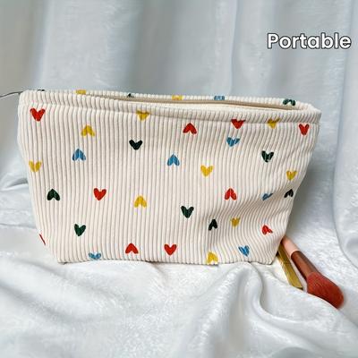 Bolsa de Cosméticos Fofa com Padrão de Corações Coloridos, Bolsa de Lavar Portátil de Veludo com Zíper, Bolsa Perfeita para Armazenamento de Ferramentas de Maquiagem de Viagem